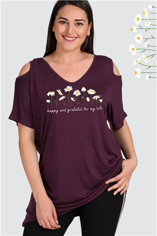 Büyük Beden Daisies Baskılı Omuzu V Pencere Kısa Kol Bluz MürdümCurvy TrendBüyük Beden Daisies Baskılı Omuzu V Pencere Kısa Kol Bluz Mürdüm