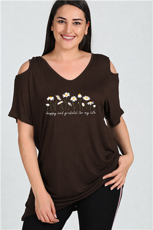 Büyük Beden Daisies Baskılı Omuzu V Pencere Kısa Kol Bluz KahverengiCurvy TrendBüyük Beden Daisies Baskılı Omuzu V Pencere Kısa Kol Bluz Kahverengi