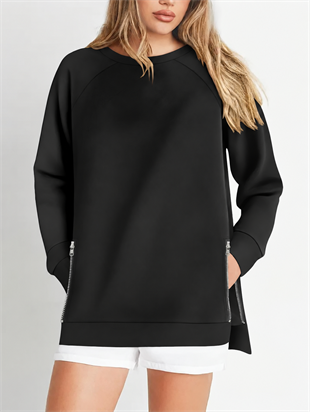 Büyük Beden Fermur Yırtmaç Detaylı Oysho Kumaş Reglan Kol Sweashirt SiyahCurvy TrendBüyük Beden Fermuar Yırtmaç Detaylı Oysho Kumaş Reglan Kol Sweashirt Siyah