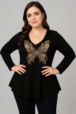 Büyük Beden Floral Butterfly Baskılı V Yaka Uzun Kol Geniş Etekli Bluz SiyahCurvy TrendBüyük Beden Floral Butterfly Baskılı V Yaka Uzun Kol Geniş Etekli Bluz Siyah