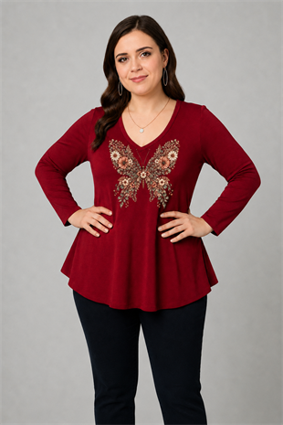Büyük Beden Floral Butterfly Baskılı V Yaka Uzun Kol Geniş Etekli Bluz BordoCurvy TrendBüyük Beden Floral Butterfly Baskılı V Yaka Uzun Kol Geniş Etekli Bluz Bordo