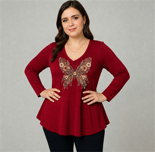Büyük Beden Floral Butterfly Baskılı V Yaka Uzun Kol Geniş Etekli Bluz BordoCurvy TrendBüyük Beden Floral Butterfly Baskılı V Yaka Uzun Kol Geniş Etekli Bluz Bordo