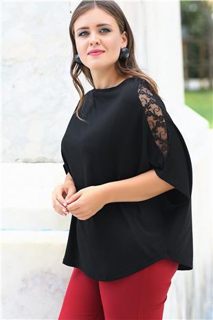 Büyük Beden Omuz Dantel Yarasa Bluz SiyahCurvy TrendBüyük Beden Omuz Dantel Yarasa Bluz Siyah