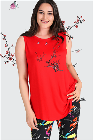Büyük Beden Sakura Baskılı Kolsuz Viskon Basic Bluz KırmızıCurvy TrendBüyük Beden Sakura Baskılı Kolsuz Viskon Basic Bluz Kırmızı