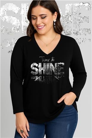 Büyük Beden Shine Baskılı V Yaka Uzun Kol Geniş Etekli Bluz SiyahCurvy TrendBüyük Beden Shine Baskılı V Yaka Uzun Kol Geniş Etekli Bluz Siyah
