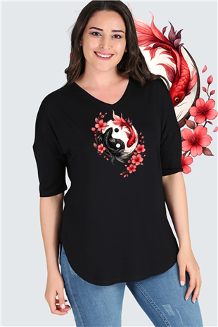 Büyük Beden Ying Yang Koi Sakura Baskılı Yarım Kol Yan Yırtmaç Bluz SiyahCurvy TrendBüyük Beden Ying Yang Koi Sakura Baskılı Yarım Kol Yan Yırtmaç Bluz Siyah