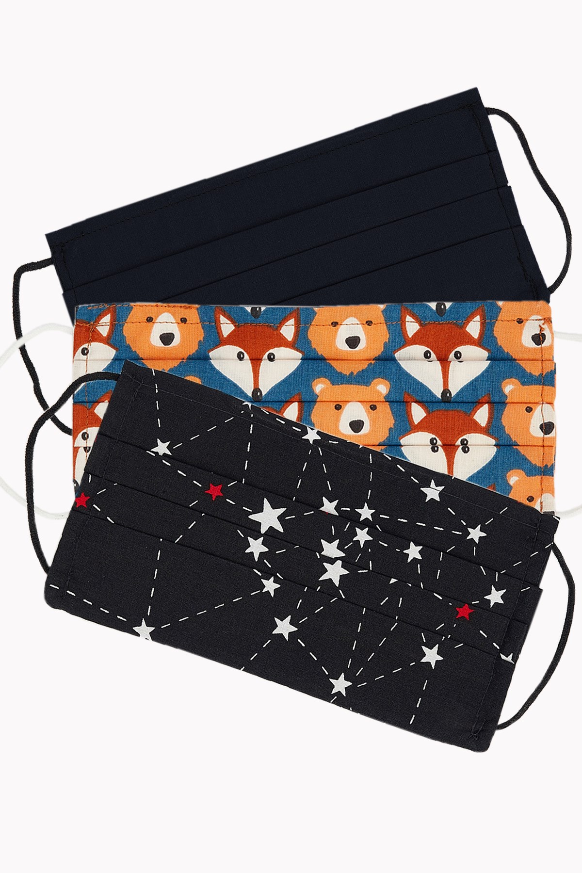 3'lü Paket Yıkanabilir Pamuklu Yetişkin Maske (Pileli) 19 cm X 18 cm Siyah, Siyah Yıldız, Tilki