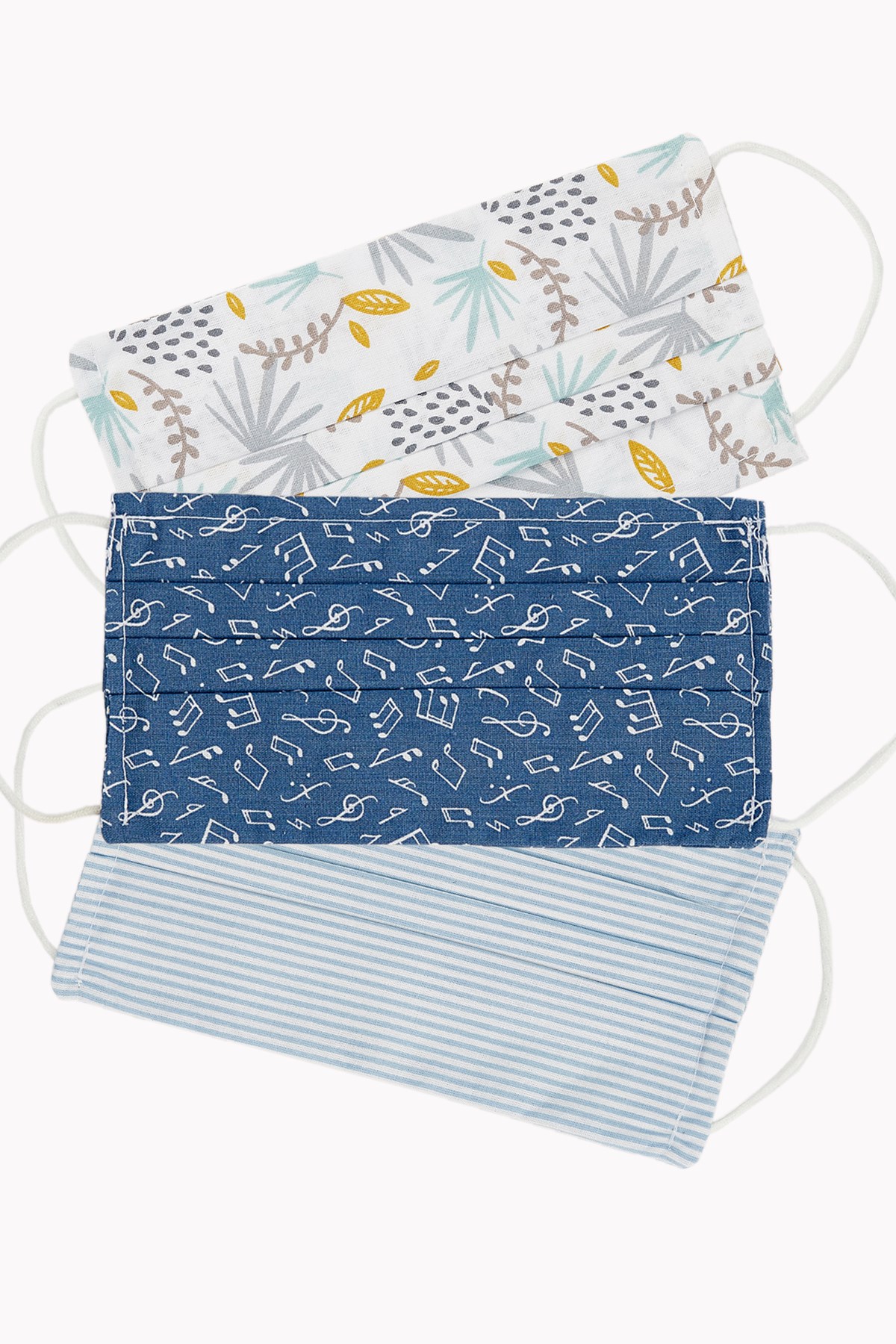 3'lü Paket Yıkanabilir Pamuklu Yetişkin Maske (Pileli) 19 cm X 18 cm Mavi Nota, Mavi Çizgili, Yaprak