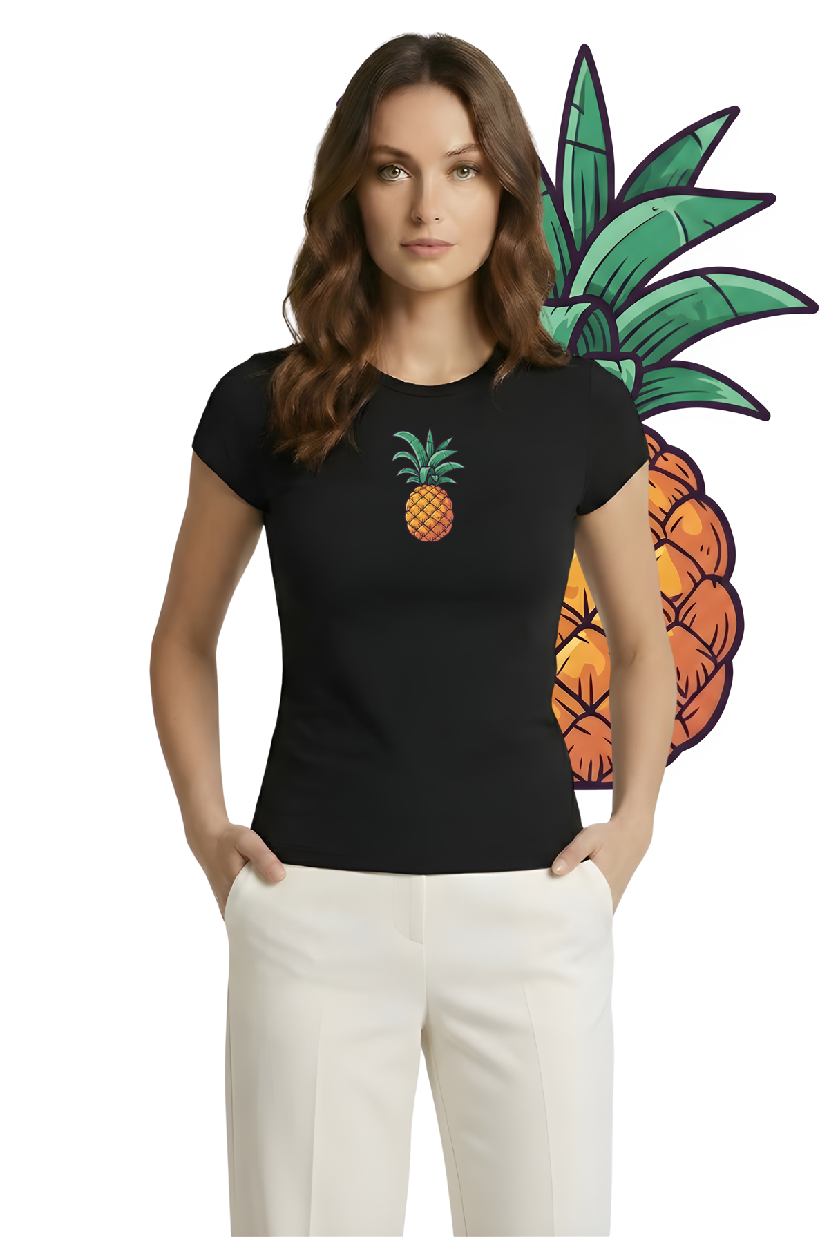 Ananas Baskılı Soft Kumaş Bisiklet Yaka Basic Kısa Kol BluzKurun'sAnanas Baskılı Soft Kumaş Bisiklet Yaka Basic Kısa Kol Bluz