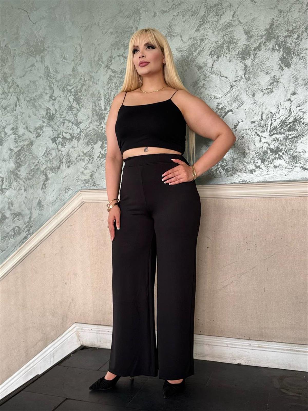 Büyük Beden Bol Paça Likralı Burgu Kumaş Pantolon SiyahCurvy TrendBüyük Beden Bol Paça Likralı Burgu Kumaş Pantolon Siyah