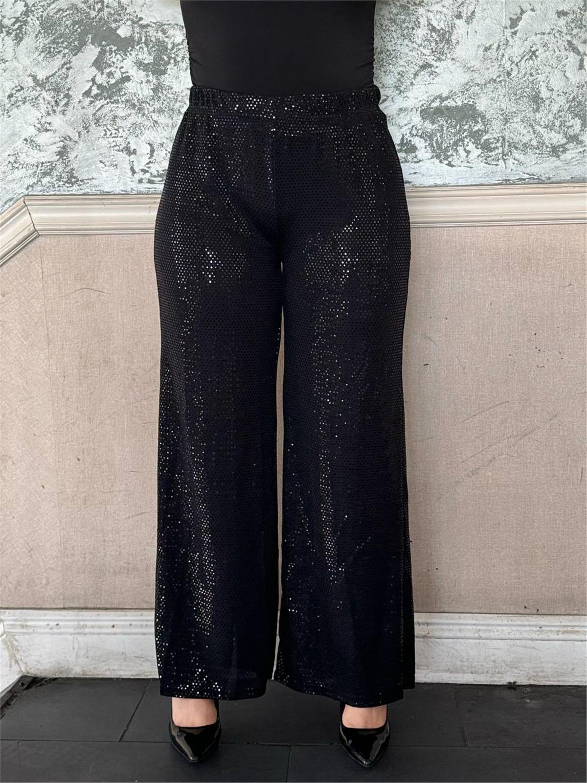 Büyük Beden Bol Paça Likralı Parıltı Pantolon SiyahCurvy TrendBüyük Beden Bol Paça Likralı Parıltı Pantolon Siyah