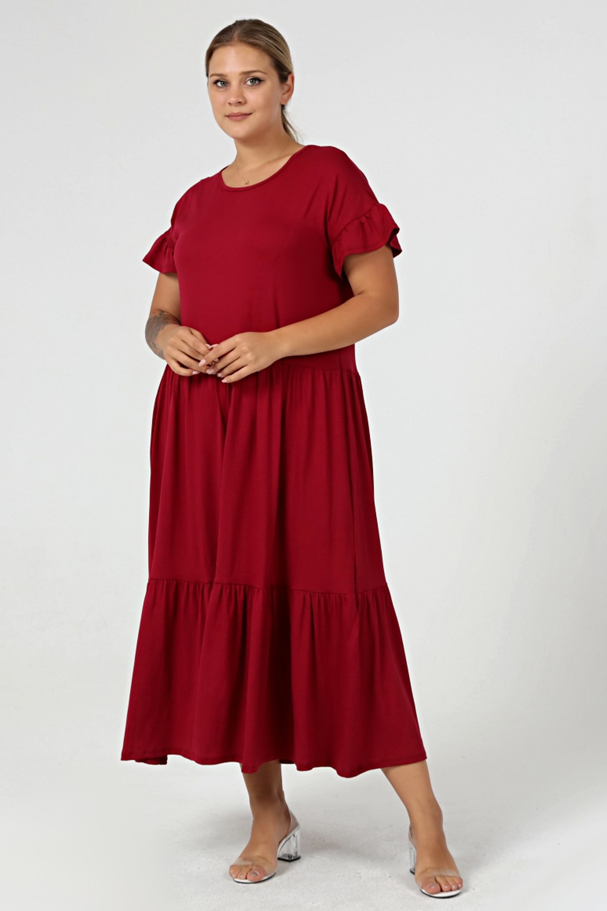 Büyük Beden Büzgülü Blok Fırfır Kol Elbise BordoCurvy TrendBüyük Beden Büzgülü Blok Fırfır Kol Elbise Bordo