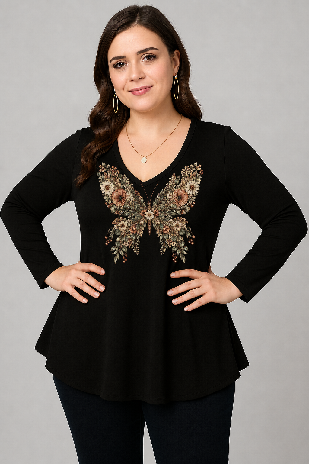 Büyük Beden Floral Butterfly Baskılı V Yaka Uzun Kol Geniş Etekli Bluz SiyahCurvy TrendBüyük Beden Floral Butterfly Baskılı V Yaka Uzun Kol Geniş Etekli Bluz Siyah