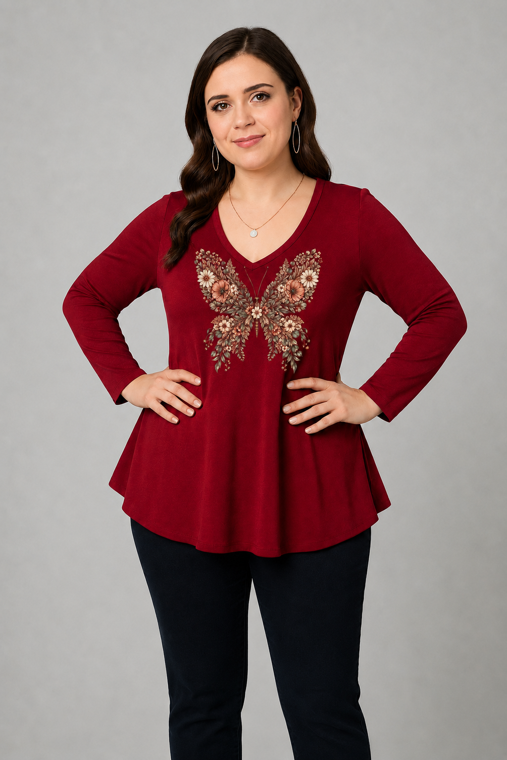 Büyük Beden Floral Butterfly Baskılı V Yaka Uzun Kol Geniş Etekli Bluz BordoCurvy TrendBüyük Beden Floral Butterfly Baskılı V Yaka Uzun Kol Geniş Etekli Bluz Bordo