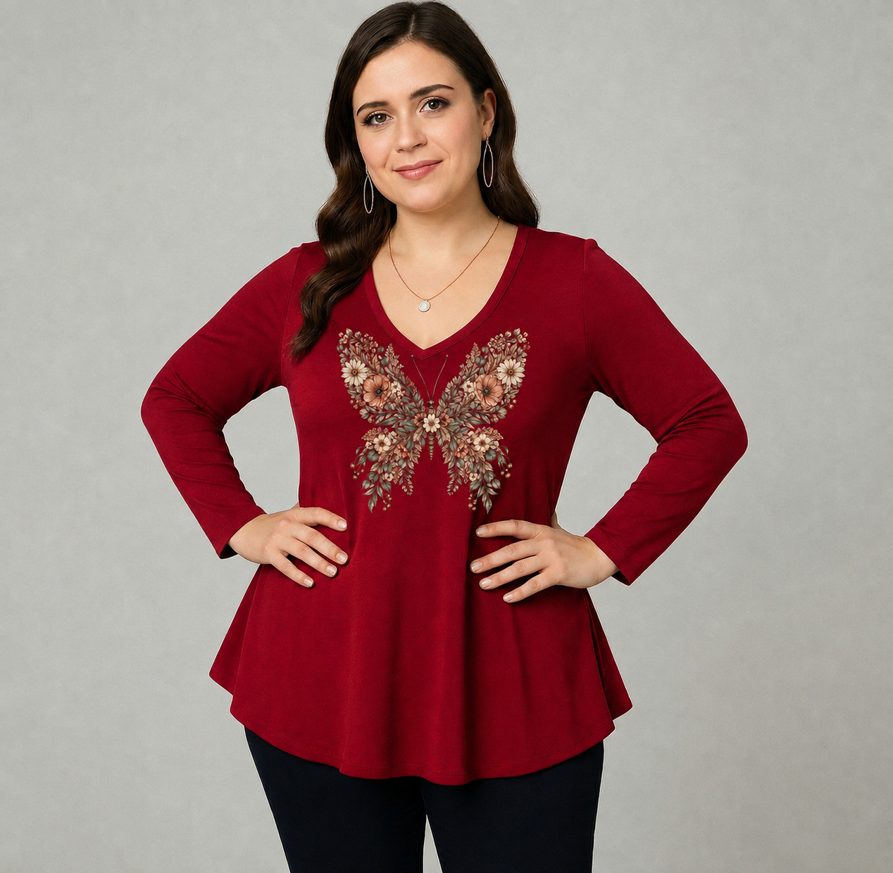 Büyük Beden Floral Butterfly Baskılı V Yaka Uzun Kol Geniş Etekli Bluz BordoCurvy TrendBüyük Beden Floral Butterfly Baskılı V Yaka Uzun Kol Geniş Etekli Bluz Bordo