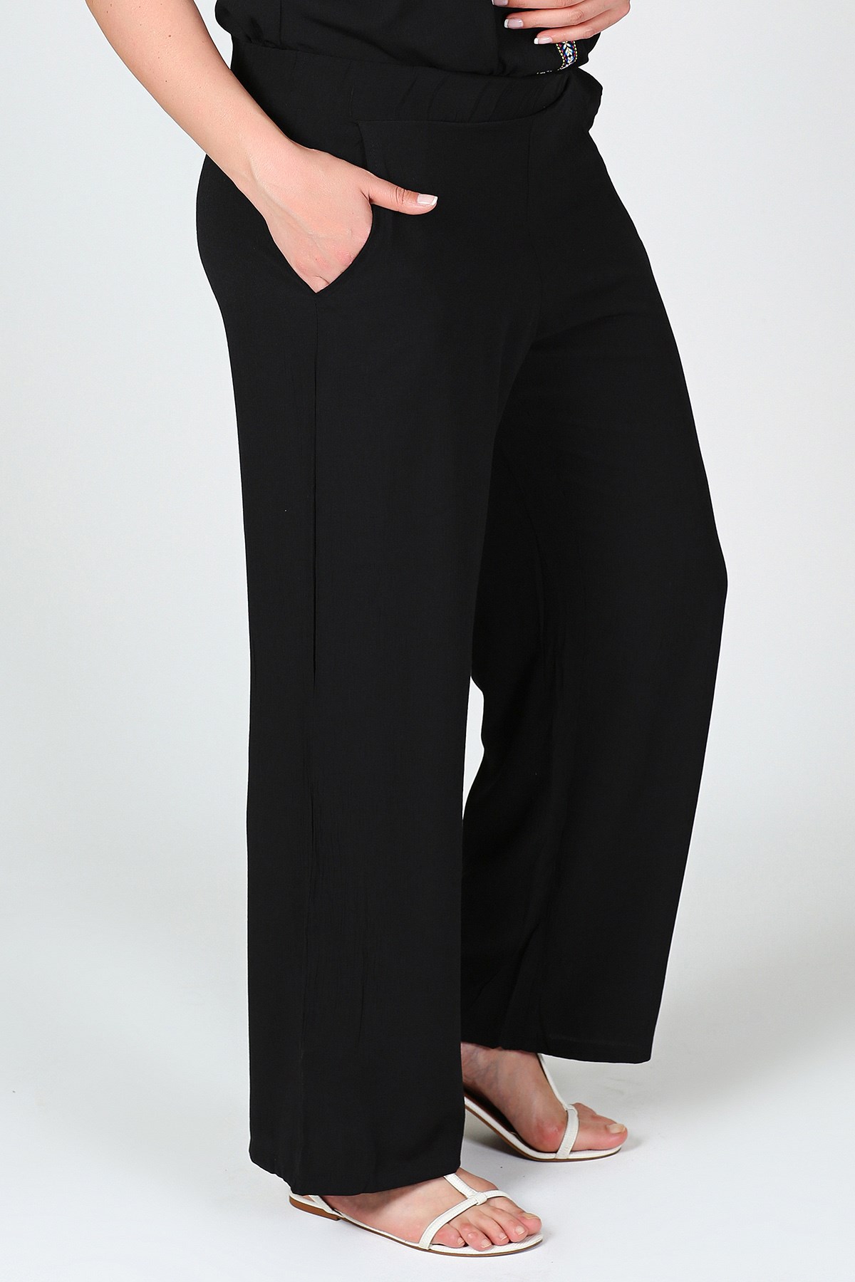 Moda Cazibe Büyük Beden Geniş Paça Beli Lastikli Pantolon Siyah