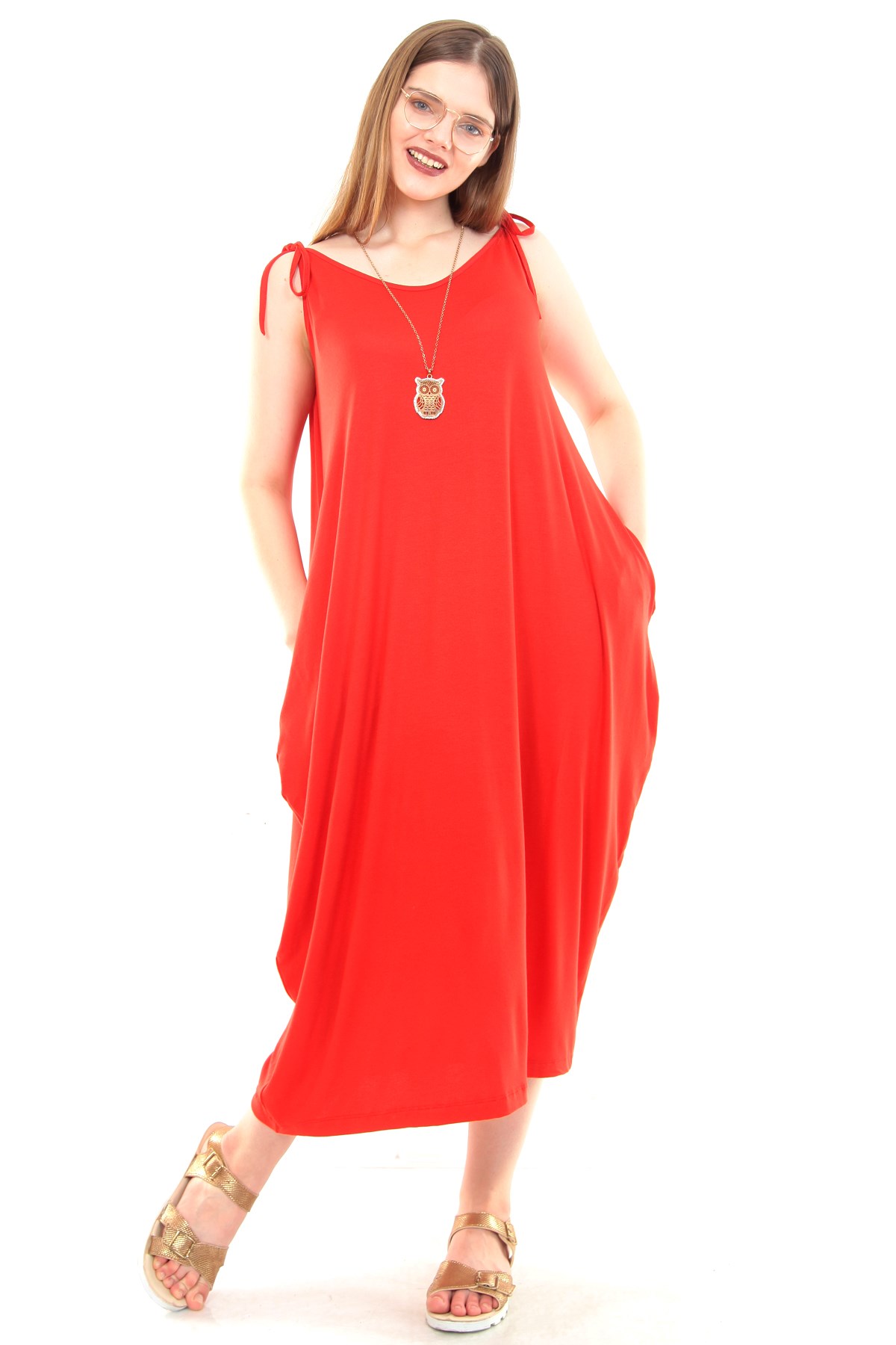 Moda Cazibe Büyük Beden İp Askılı Jumbo Salaş Elbise Kırmızı