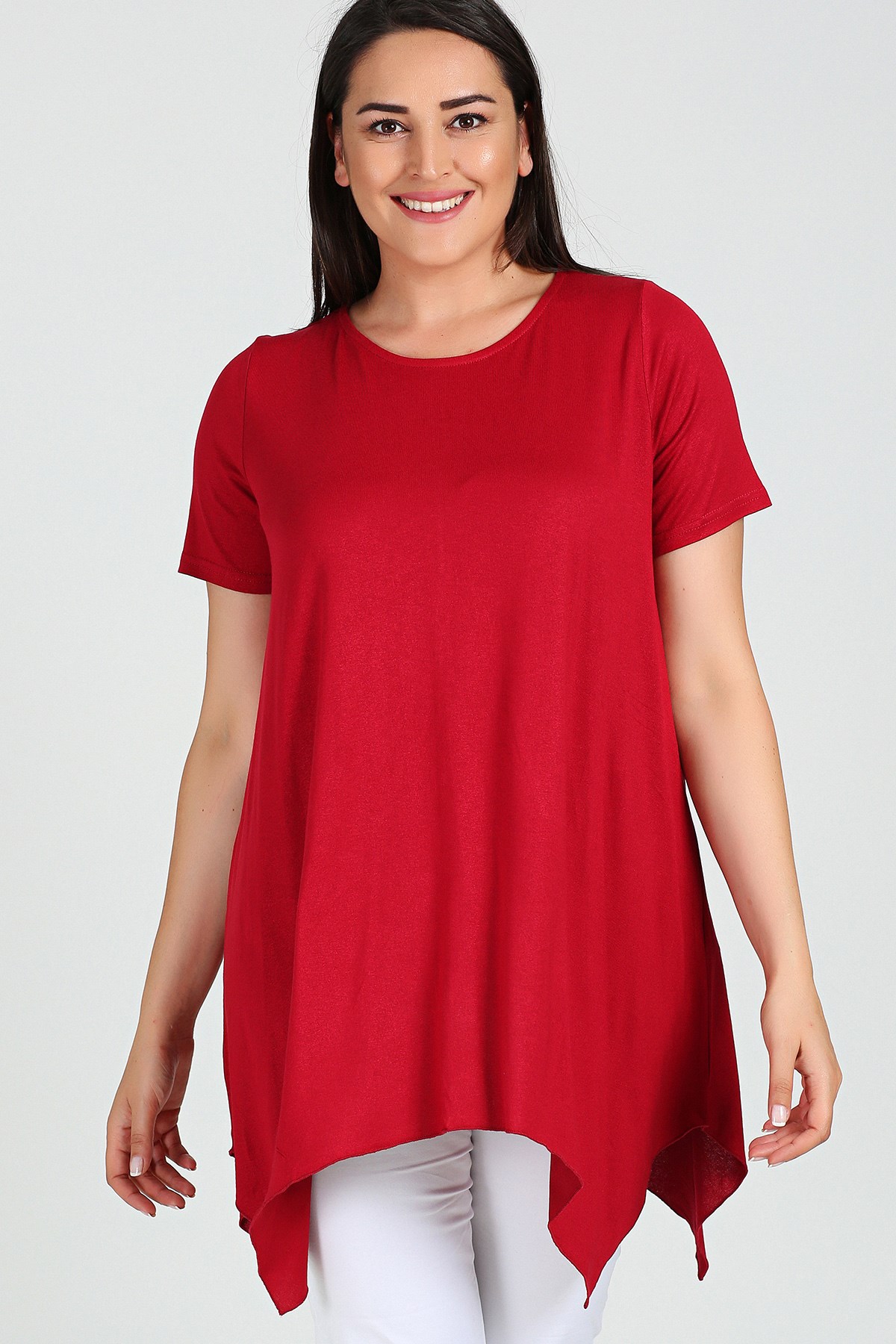 Büyük Beden Kısa Kol Yırtmaçlı Basic Bluz Bordo