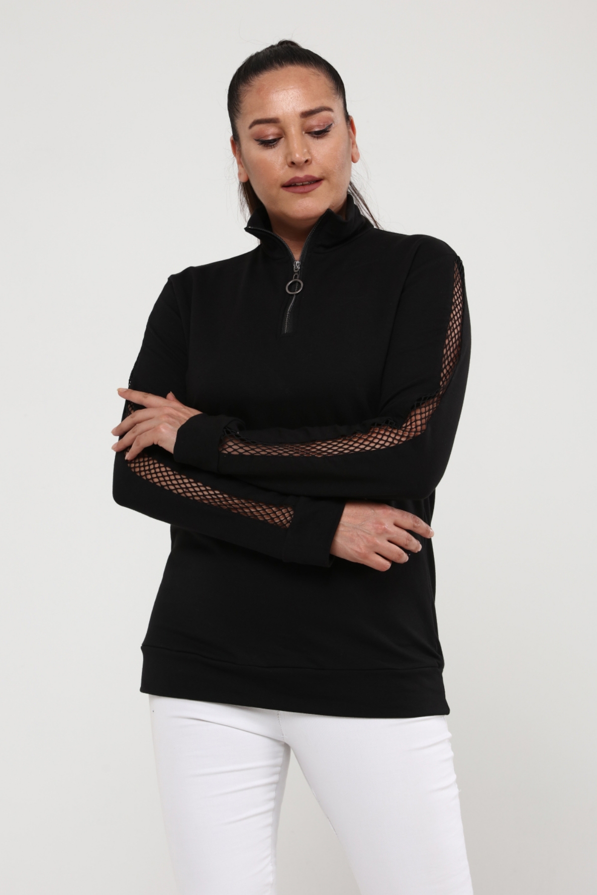 Büyük Beden Kolüstü File Fermuarlı Sweatshirt SiyahCurvy TrendBüyük Beden Kolüstü File Fermuarlı Sweatshirt Siyah