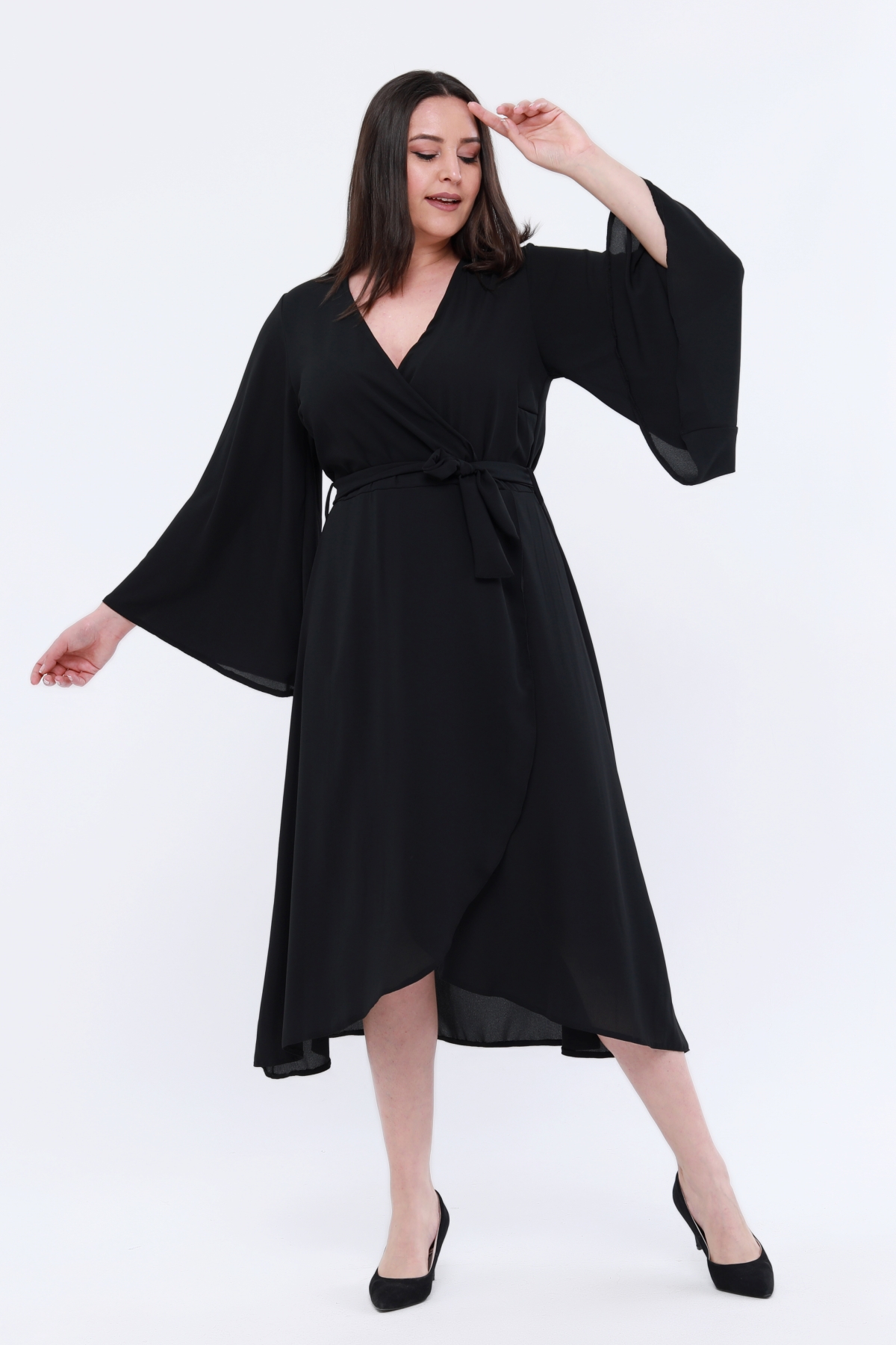 Büyük Beden Kruvaze İspanyol Kol Krep Elbise Siyah