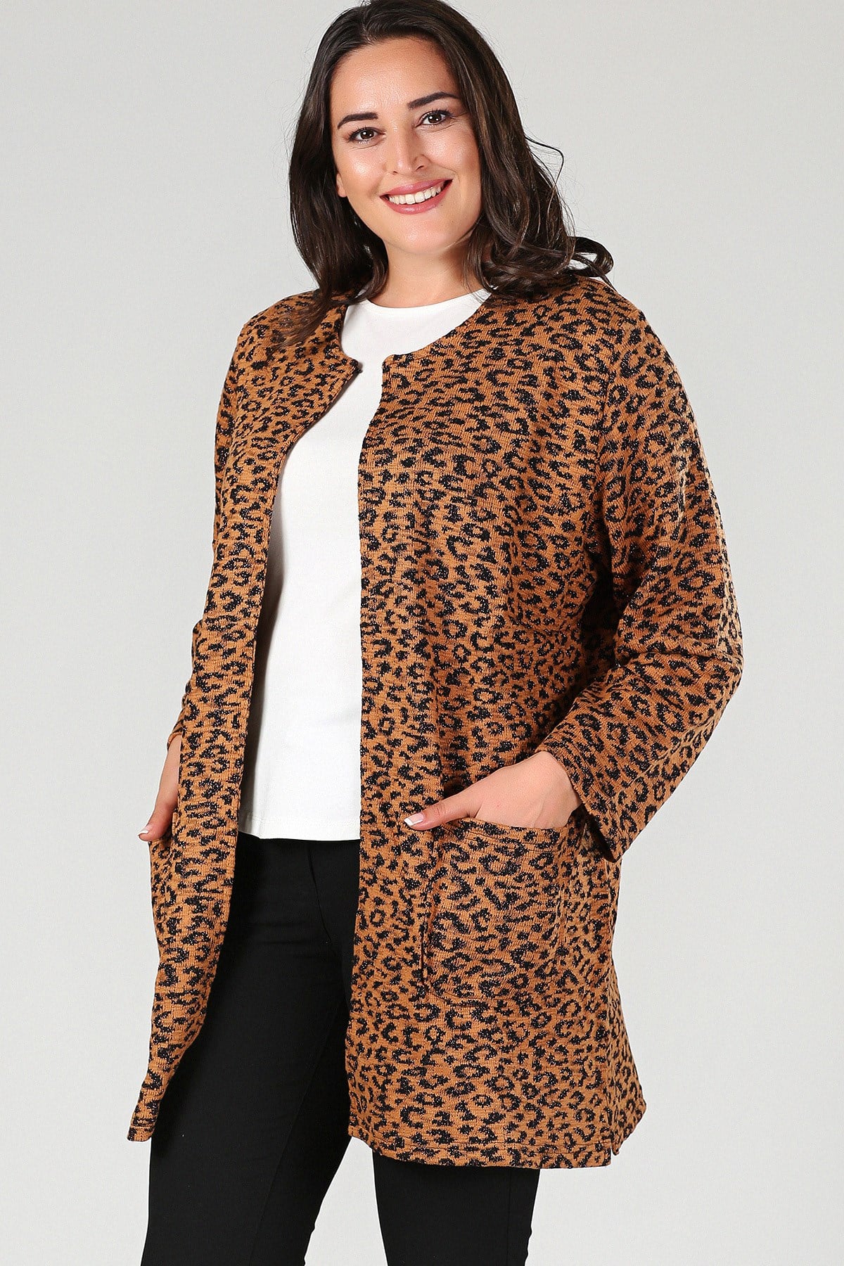 Büyük Beden Leopar Desen Hırka Sarı