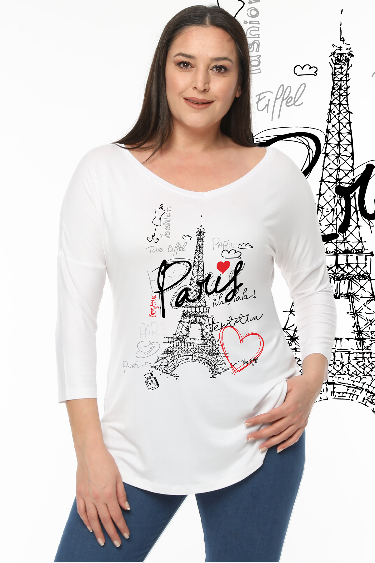 Büyük Beden Paris Baskılı Geniş V Yaka Yarım Kol Oval Yırtmaç Bluz EkruCurvy TrendBüyük Beden Paris Baskılı Geniş V Yaka Yarım Kol Oval Yırtmaç Bluz Ekru