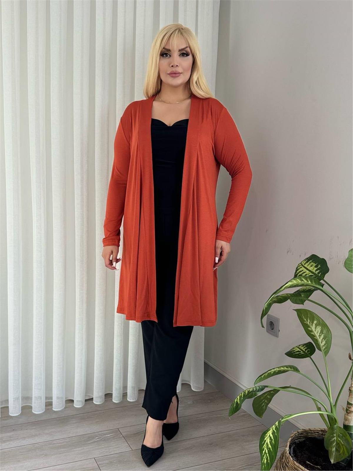 Büyük Beden Pervazlı Viskon Hırka KiremitCurvy TrendBüyük Beden Pervazlı Viskon Hırka Kiremit