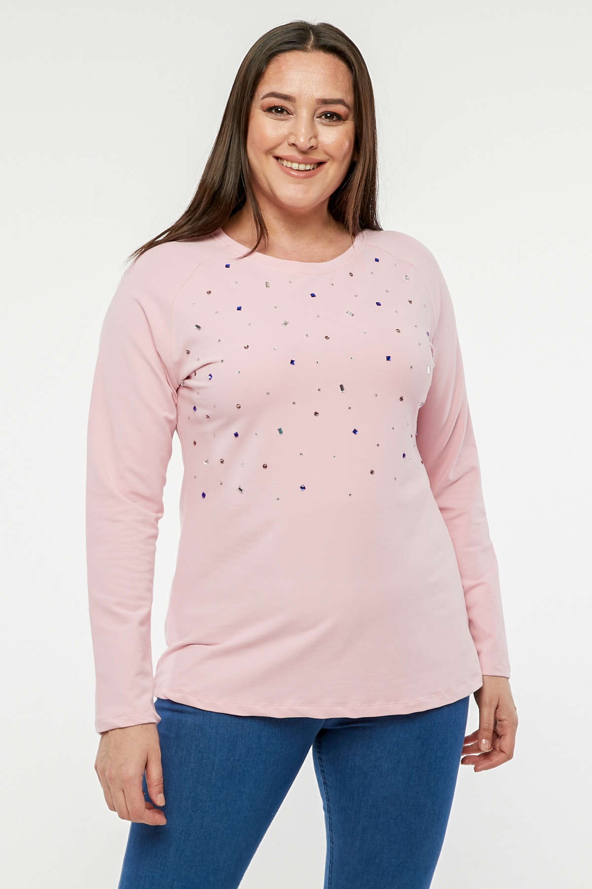 Büyük Beden Renkli Taş Baskılı Reglan Kol Sweatshirt PembeCurvy TrendBüyük Beden Renkli Taş Baskılı Reglan Kol Sweatshirt Pembe