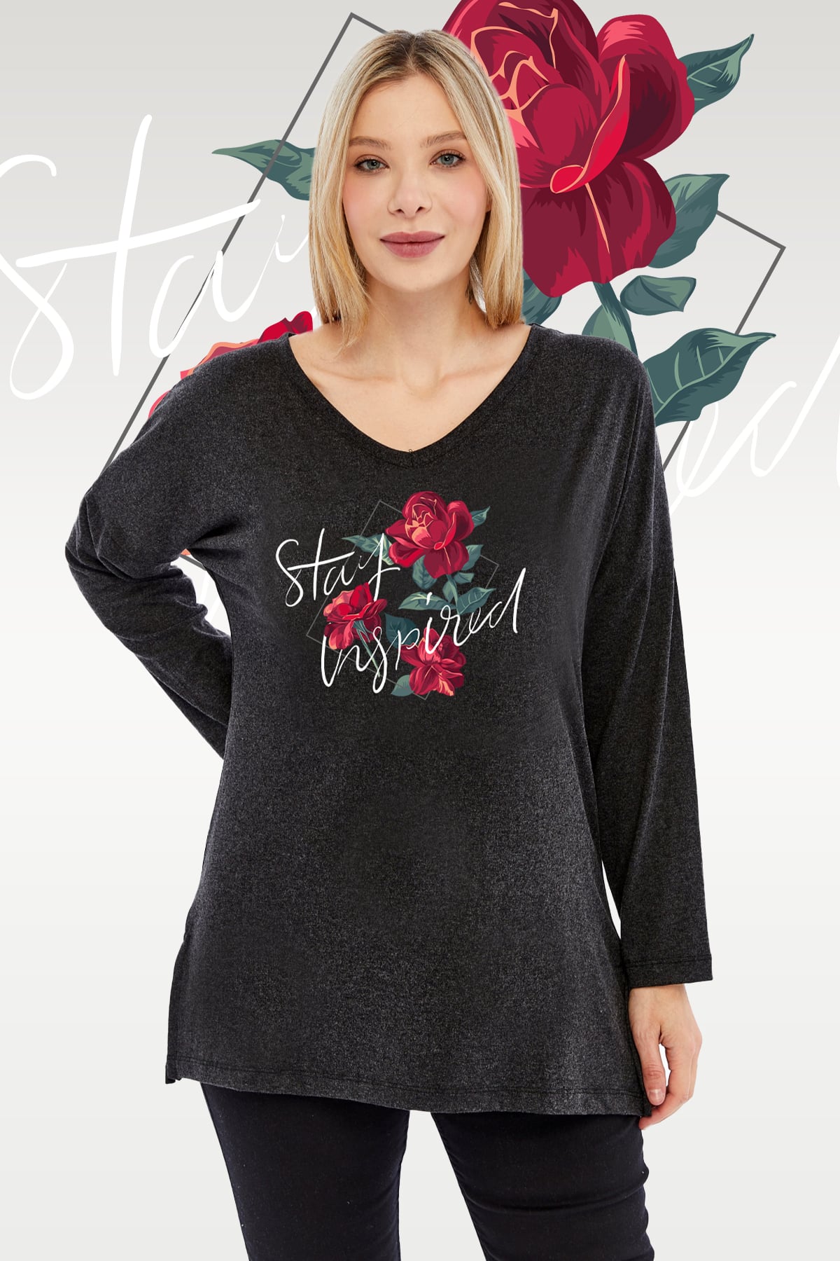 Büyük Beden Stay Inspired Baskılı V Yaka Uzun Kol Yırtmaçlı Kırçıllı Viskon Kumaş Bluz  SiyahCurvy TrendBüyük Beden Stay Inspired Baskılı V Yaka Uzun Kol Yırtmaçlı Kırçıllı Viskon Kumaş Bluz  Siyah