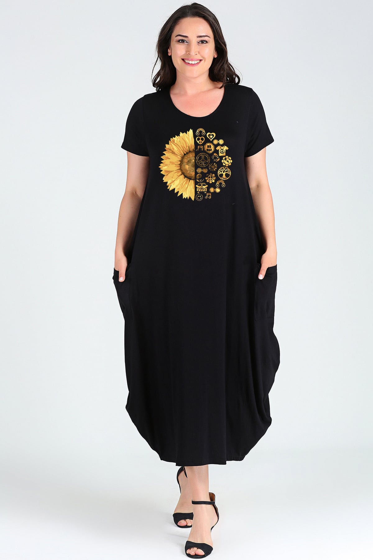 Büyük Beden Sun Flower Baskılı Jumbo Kısa Kol Elbise SiyahCurvy TrendBüyük Beden Sun Flower Baskılı Jumbo Kısa Kol Elbise Siyah