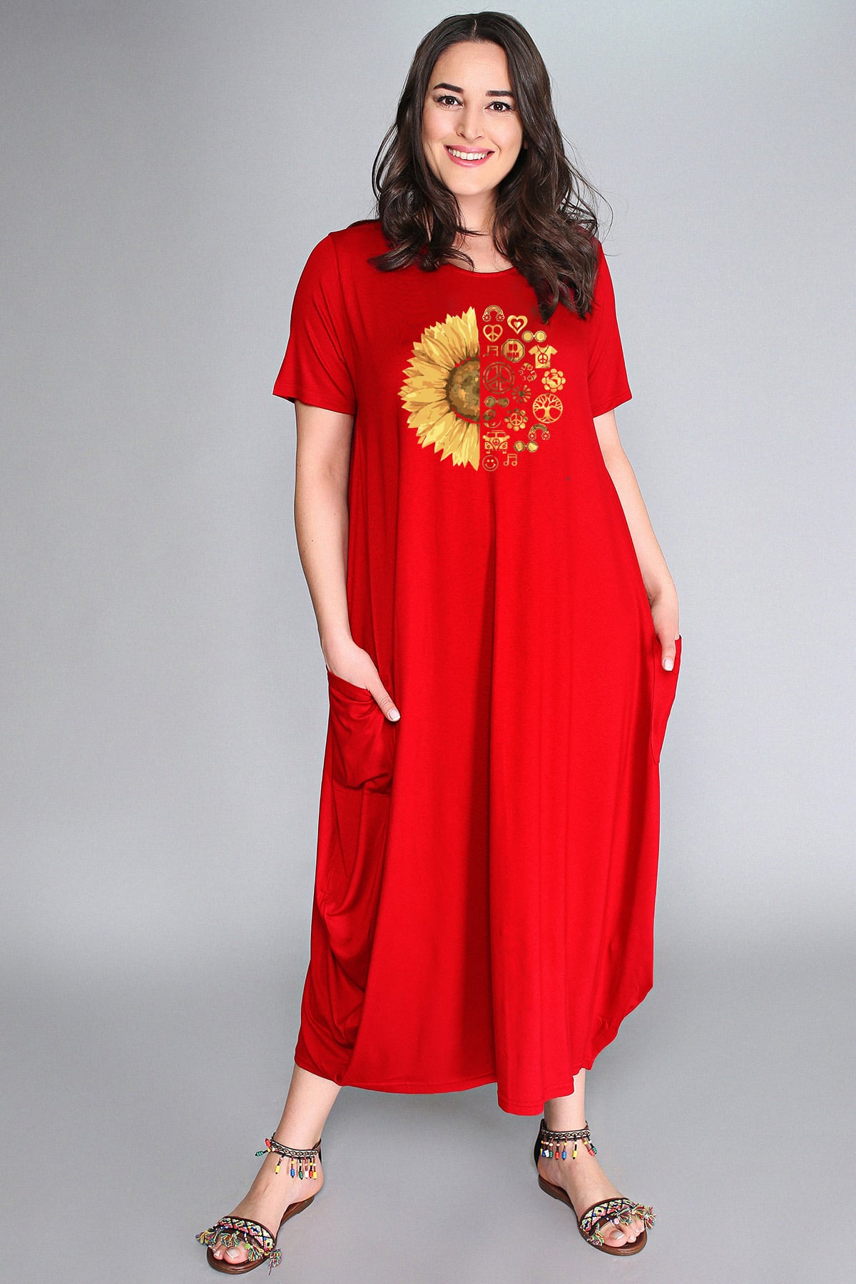 Büyük Beden Sun Flower Baskılı Jumbo Kısa Kol Elbise KırmızıCurvy TrendBüyük Beden Sun Flower Baskılı Jumbo Kısa Kol Elbise Kırmızı