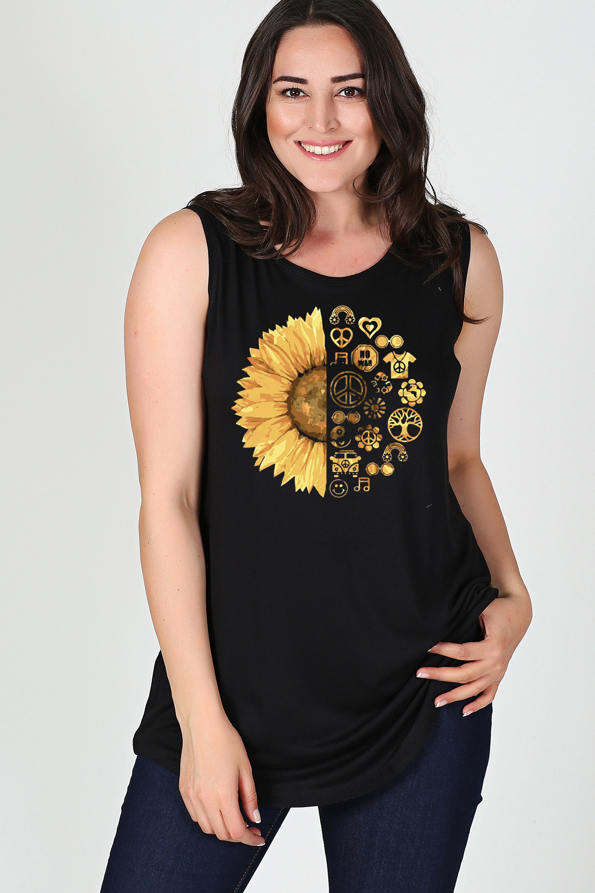 Büyük Beden Sun Flower Baskılı Kolsuz Viskon Basic Bluz SiyahCurvy TrendBüyük Beden Sun Flower Baskılı Kolsuz Viskon Basic Bluz Siyah
