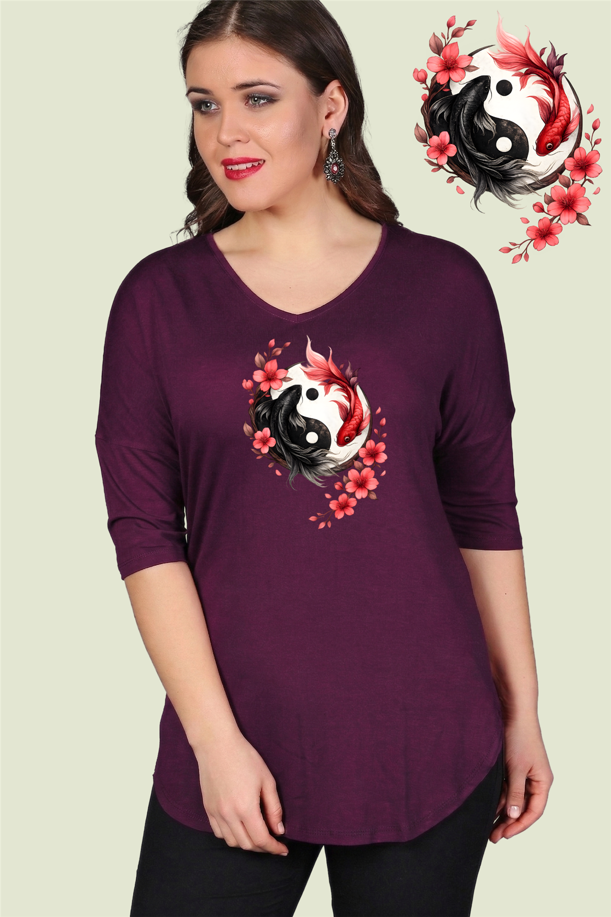 Büyük Beden Ying Yang Koi Sakura Baskılı Yarım Kol Yan Yırtmaç Bluz MürdümCurvy TrendBüyük Beden Ying Yang Koi Sakura Baskılı Yarım Kol Yan Yırtmaç Bluz Mürdüm