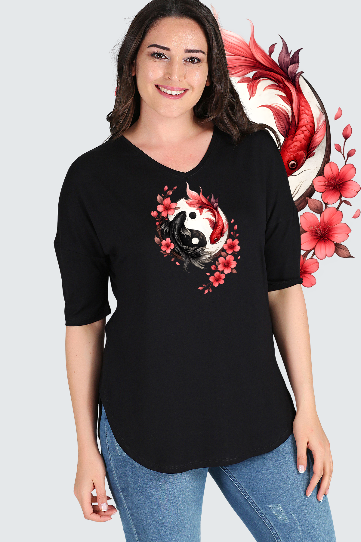 Büyük Beden Ying Yang Koi Sakura Baskılı Yarım Kol Yan Yırtmaç Bluz SiyahCurvy TrendBüyük Beden Ying Yang Koi Sakura Baskılı Yarım Kol Yan Yırtmaç Bluz Siyah