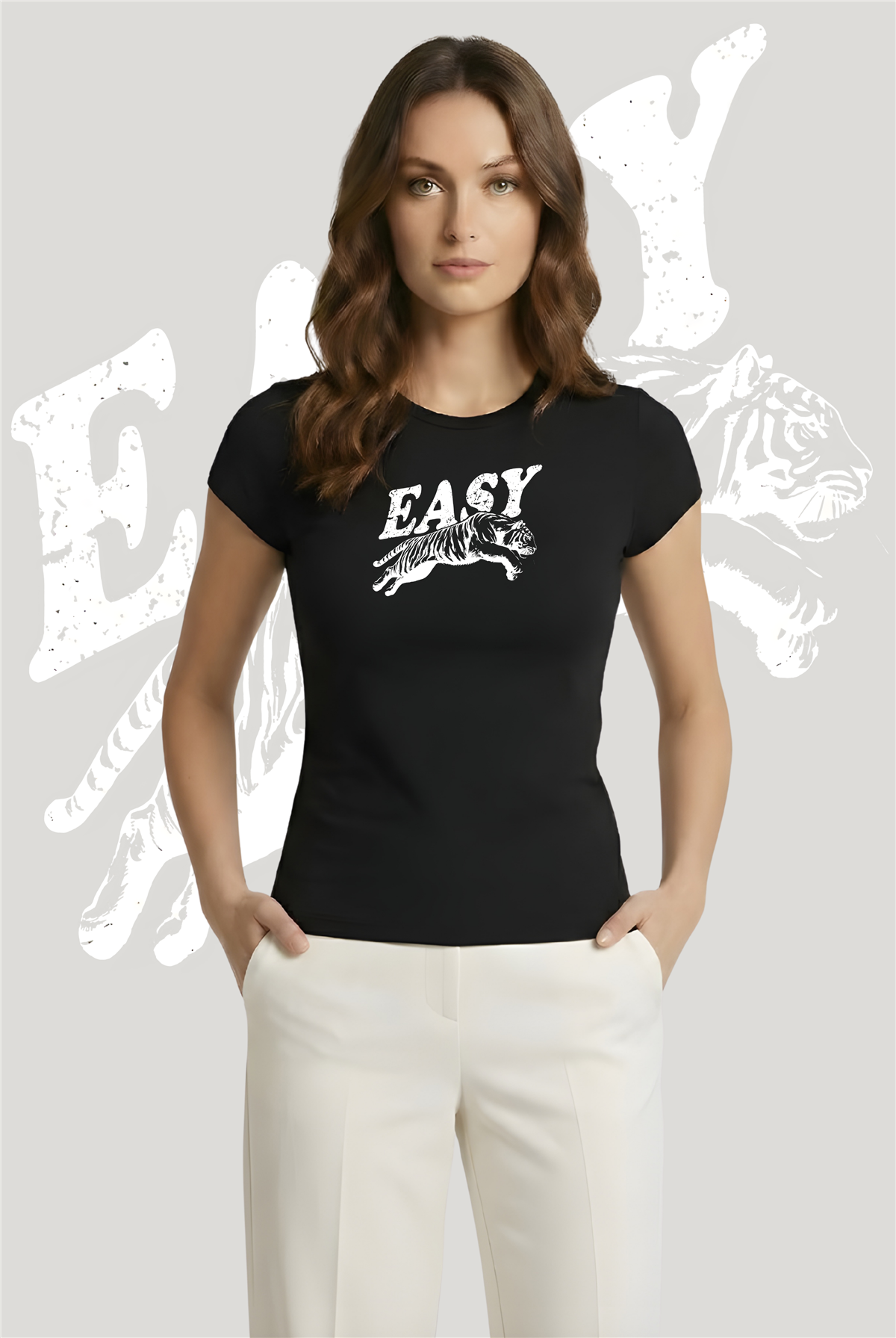 Easy Tiger Baskılı Soft Kumaş Bisiklet Yaka Basic Kısa Kol BluzKurun'sEasy Tiger Baskılı Soft Kumaş Bisiklet Yaka Basic Kısa Kol Bluz