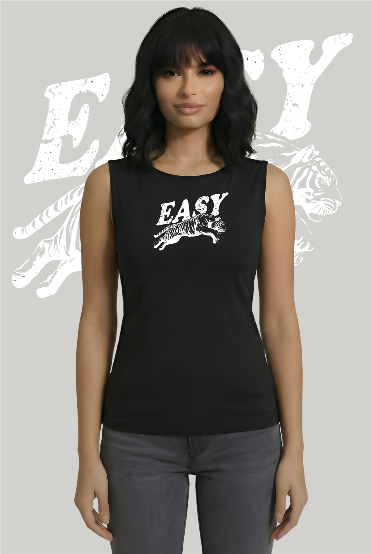 Easy Tiger Baskılı Soft Kumaş Kayık Yaka Kolsuz BluzKurun'sEasy Tiger Baskılı Soft Kumaş Kayık Yaka Kolsuz Bluz