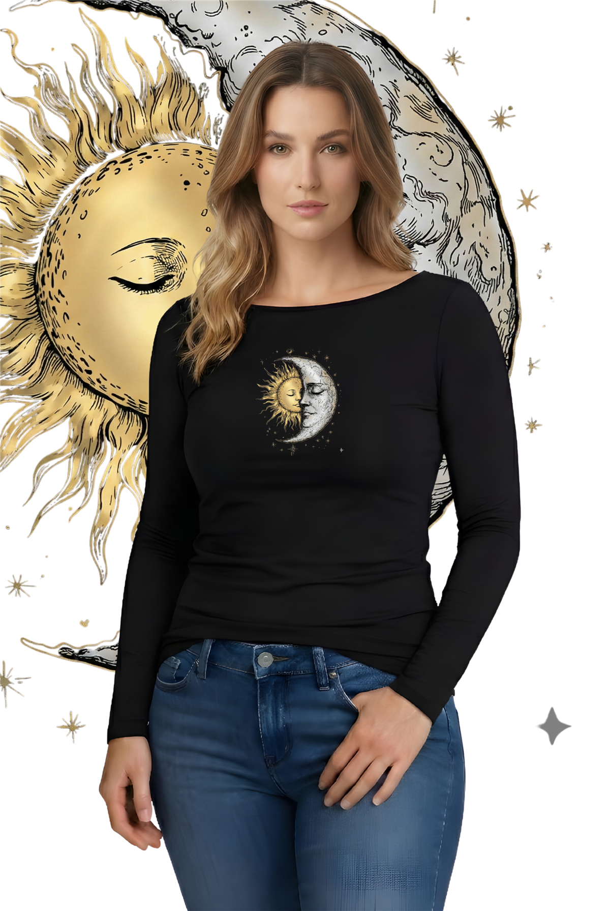 Moon And Sun Baskılı Soft Kumaş Kayık Yaka Uzun Kol BluzKurun'sMoon And Sun Baskılı Soft Kumaş Kayık Yaka Uzun Kol Bluz