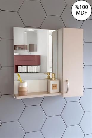 Nurcelant Banyo Dolabı Aynalı Raflı Mdf 60 cm Üst Modül Açık Pudra-Beyaz