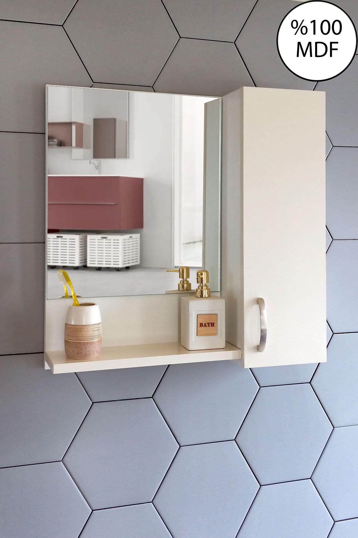 Nurcelant Banyo Dolabı Aynalı Raflı 60 cm Mdf Üst Modül Krem Renk
