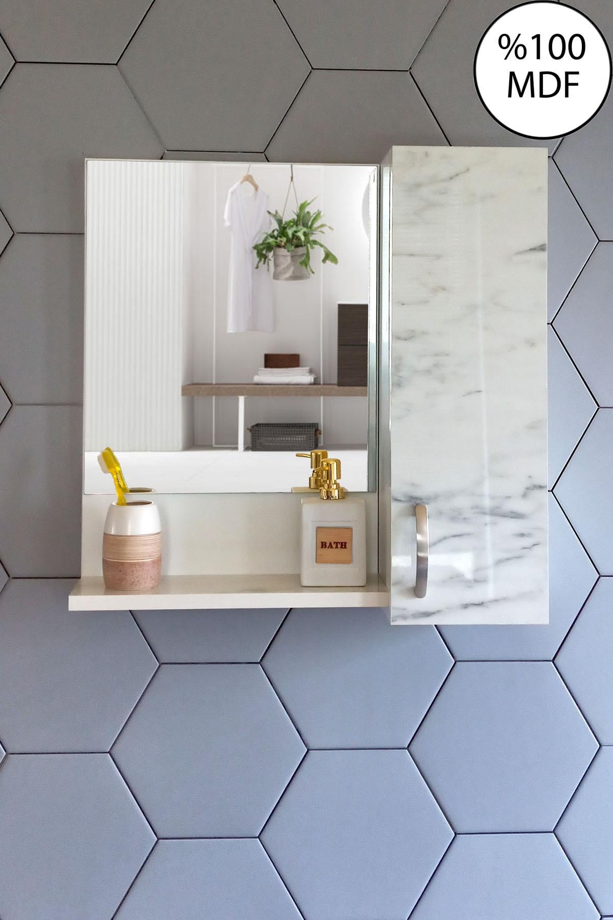 Nurcelant Banyo Dolabı Aynalı Raflı Mdf 60 cm Üst Modül Marmo Mermer Desenli