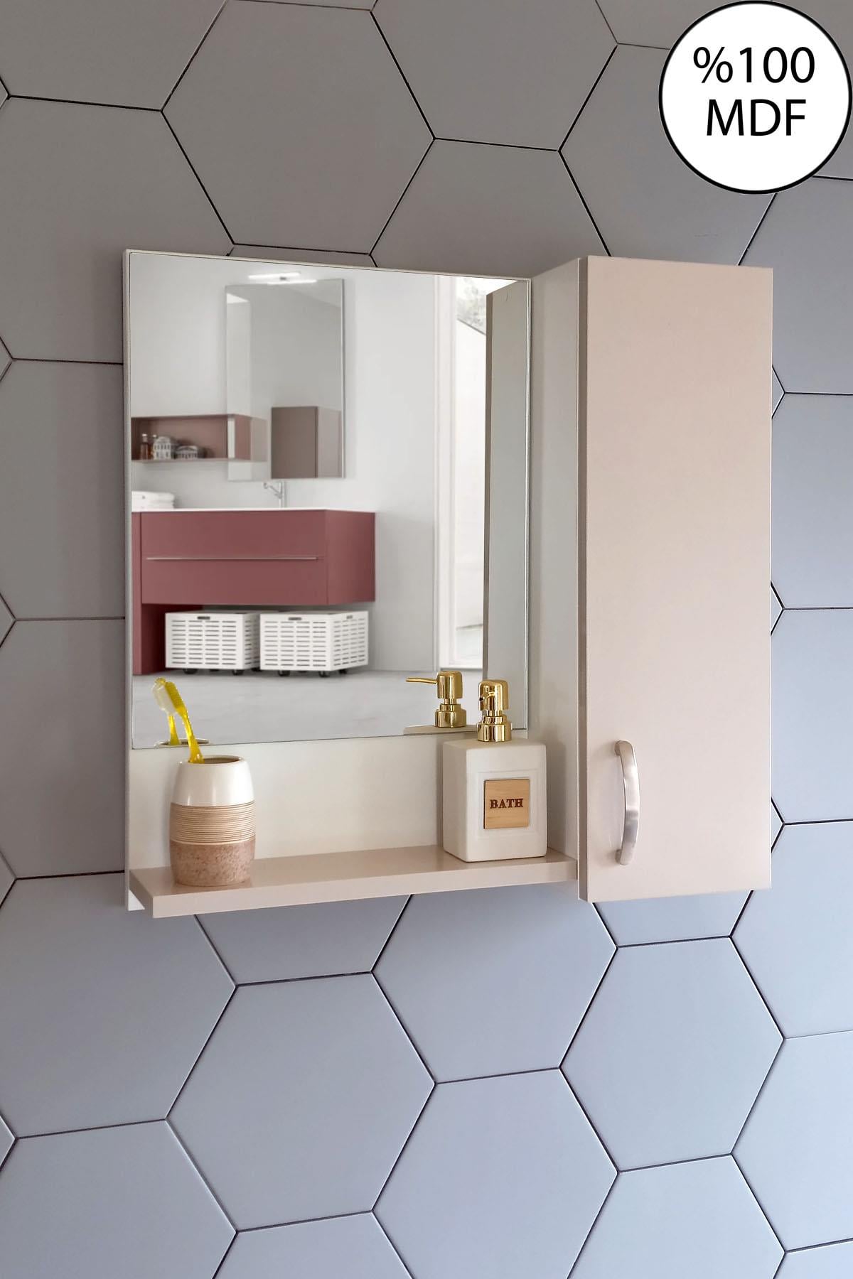 Nurcelant Banyo Dolabı Aynalı Raflı Mdf 60 cm Üst Modül Açık Pudra-Beyaz