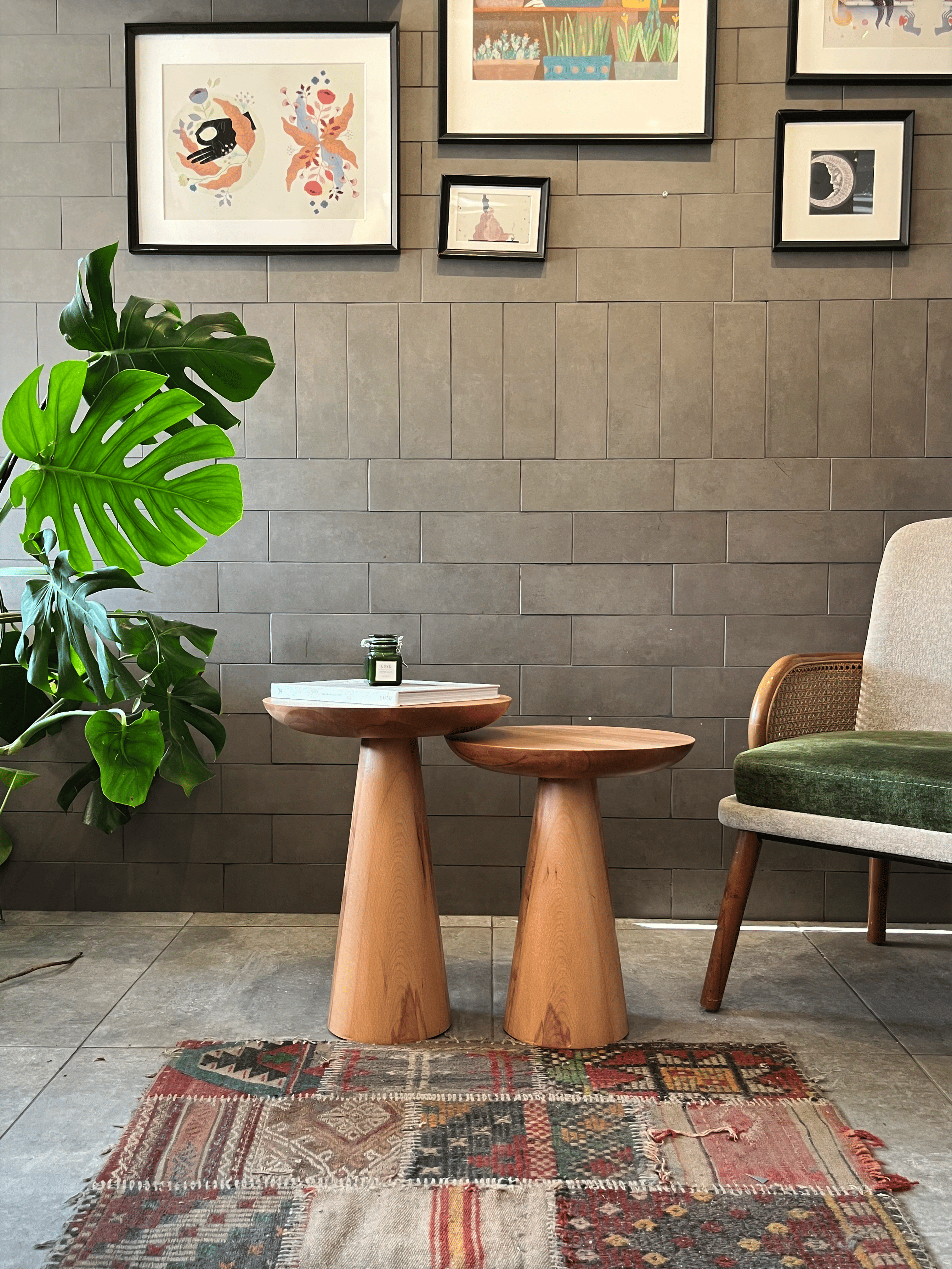 2'li Zigon Mantar Sehpa Mushroom | Masif Ahşap Modern Yan Sehpa Takımı (Kayın)