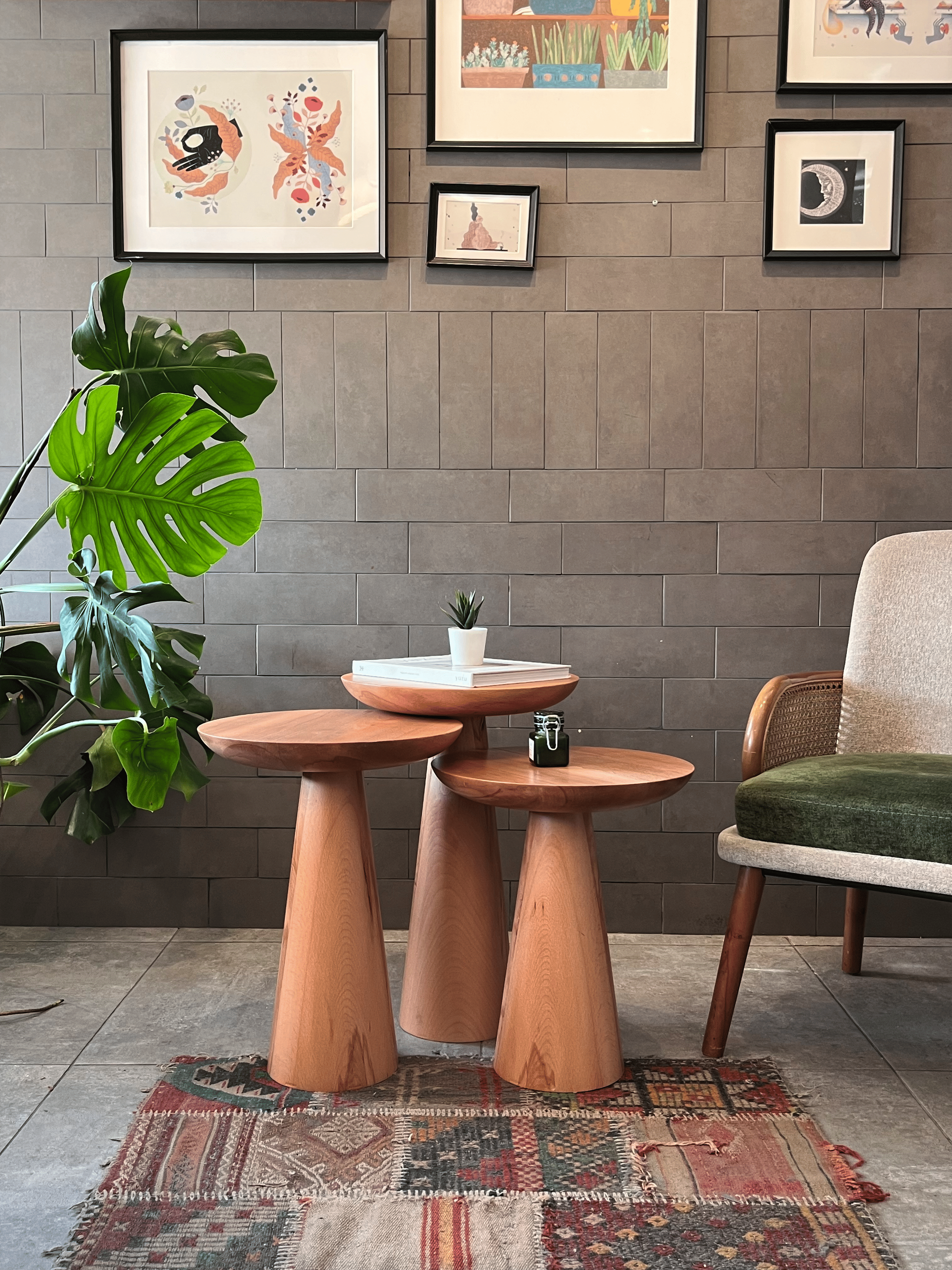 3'lü Zigon Mantar Sehpa Mushroom | Masif Ahşap Modern Yan Sehpa Takımı (Kayın)