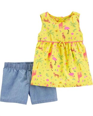 Kız Çocuk Flamingo Desenli Bluz & Şort 2'li Set