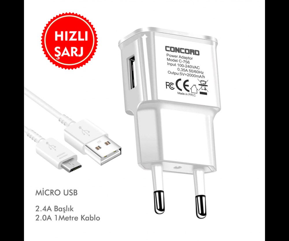 Concord C-756 | 2.4A | Micro Hızlı Quick Seyahat Şarjı