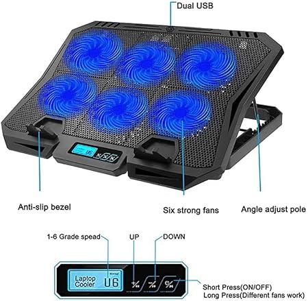 ECOYOM X6A Gaming Pad Laptop Cooler 6 Fanlı Notebook Soğutucu Mavi Led Işıklı Dizüstü Bilgisayar Standı
