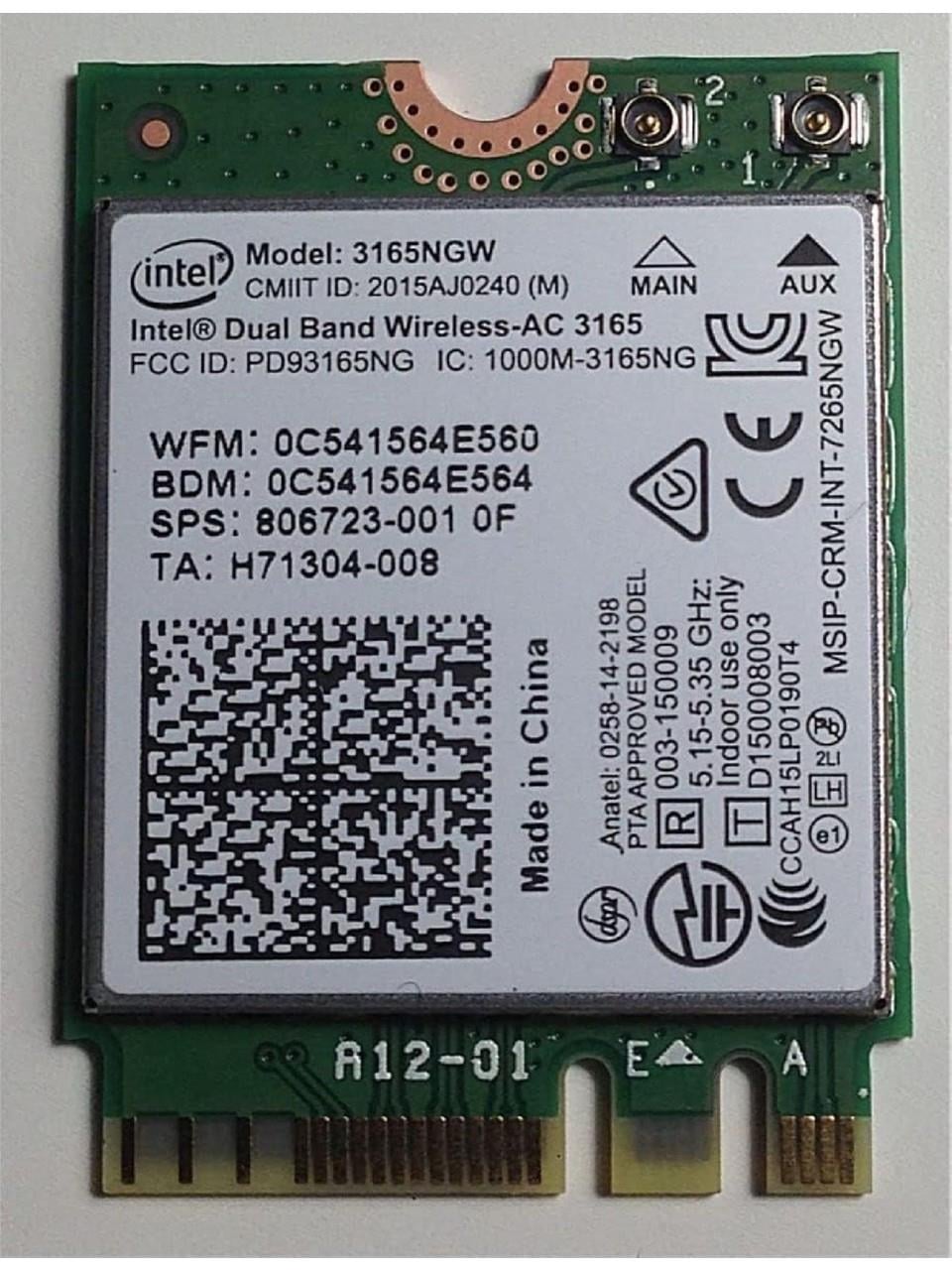 İntel Dual Band Wireless-AC 3165NGW M.2 2230 Wi-Fi + Bluetooth 4.2 Laptop Kablosuz Kart