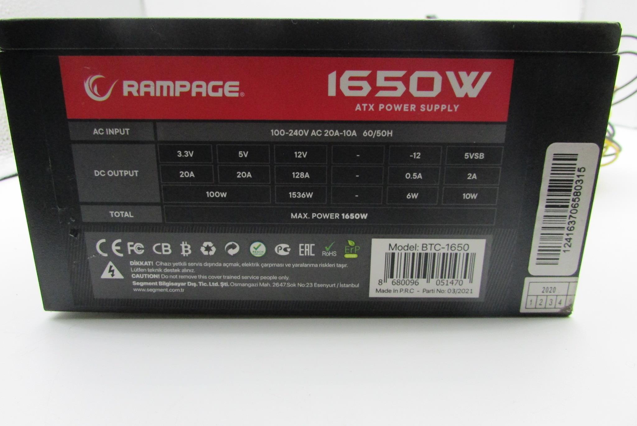 Rampage BTC-1650 1650W 16* PCIe VGA Soket 14cm Fanlı Bitcoin Power Supply