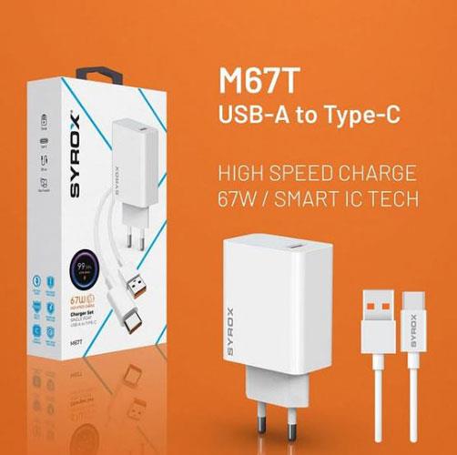 Syrox M67T Single USB-A Port High Speed Charger Adapter & Type-C Cable 67 WATT Mİ TURBO YÜKSEK HIZLI ŞARJ