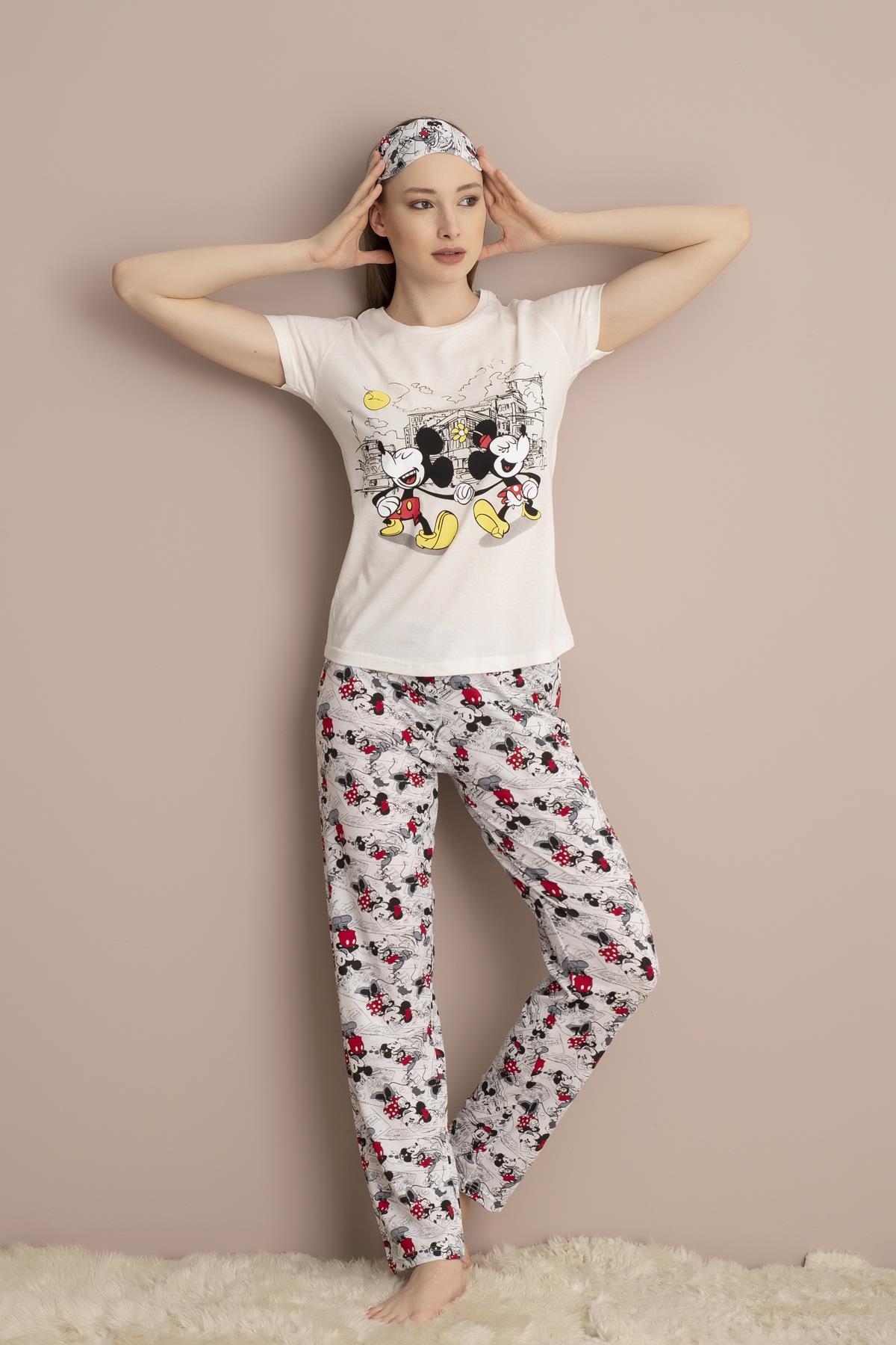 Bayan Ekru Kısa Kol 1. Mickey Mouse Baskılı Pijama Takımı 0YBPJTNM001